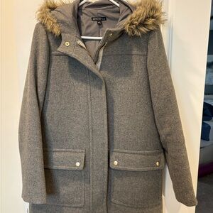 J. Crew Gray Pea Coat with Faux Fur Hood